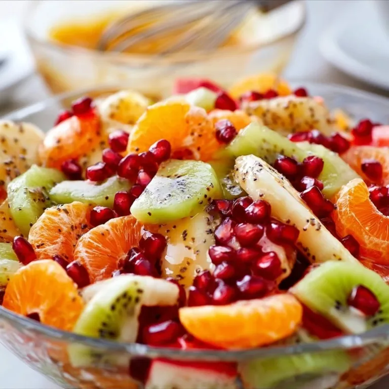 A colorful bowl of winter fruit salad featuring seasonal fruits.