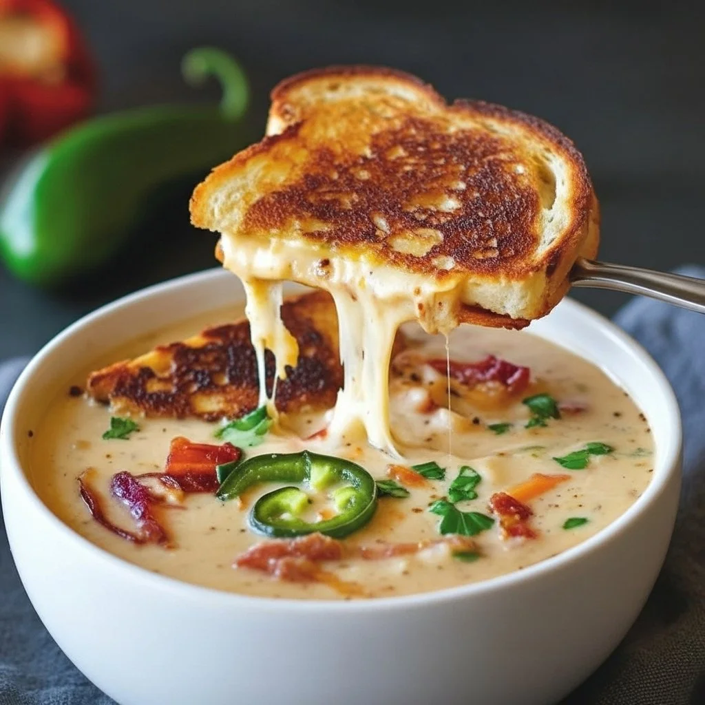 Spicy Jalapeño Popper Soup with Grilled Cheese Dippers