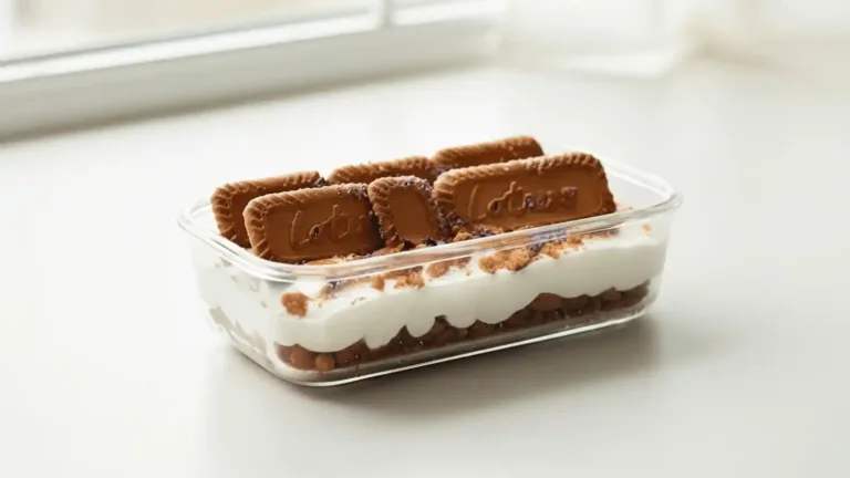 Viral Japanese 2-ingredient cheesecake in a clear container with thick Greek yogurt and Biscoff cookies pressed in vertical rows, topped with cookie crumbs.
