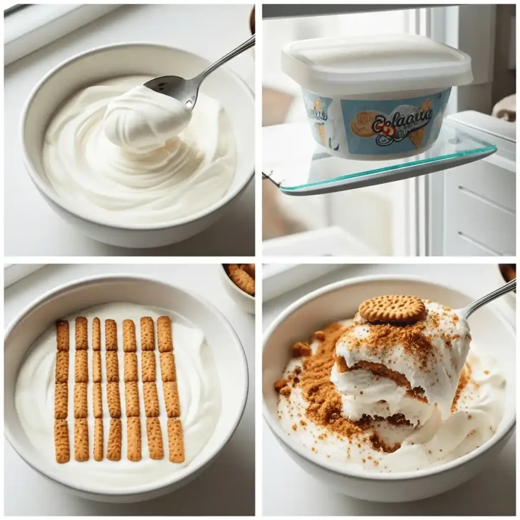 Four-step collage showing yogurt stirred smooth, cookies pressed into yogurt, container chilling, and a spoon scooping the set cheesecake.