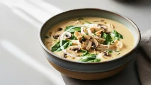 Creamy rotisserie chicken and mushroom soup served in a rustic bowl with spinach and herbs