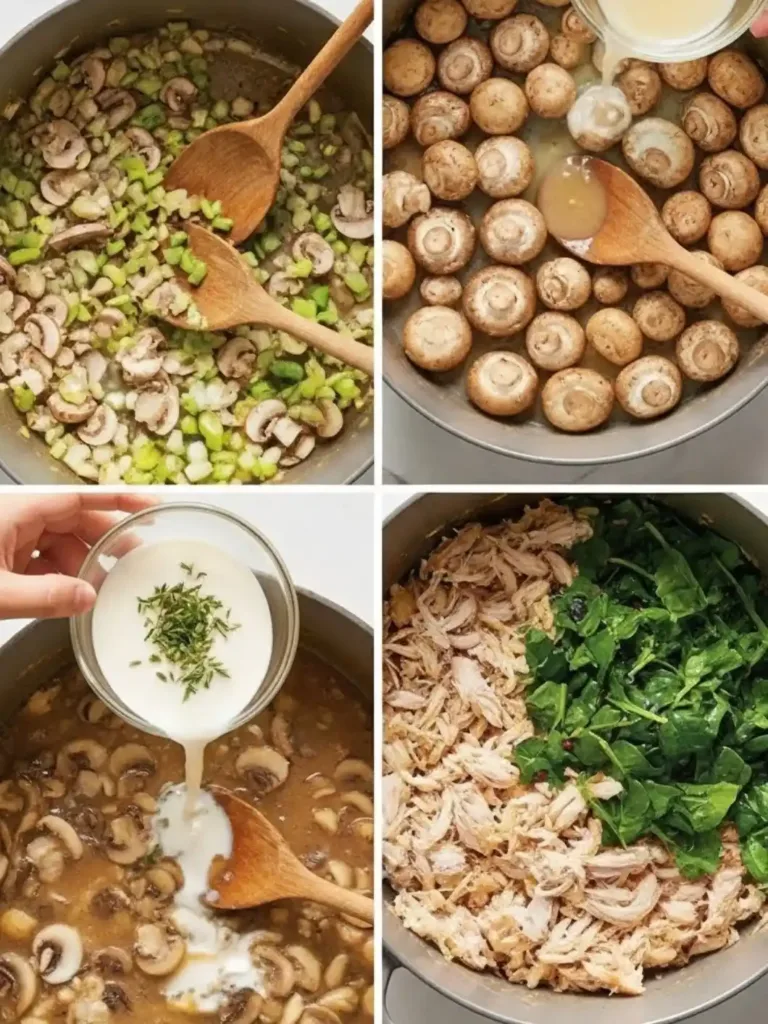 Step-by-step preparation of creamy rotisserie chicken and mushroom soup from sautéed vegetables to finished dish