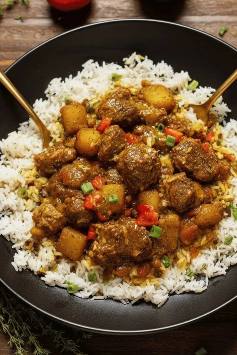 A plate of authentic Jamaican Curry Chicken garnished with fresh herbs