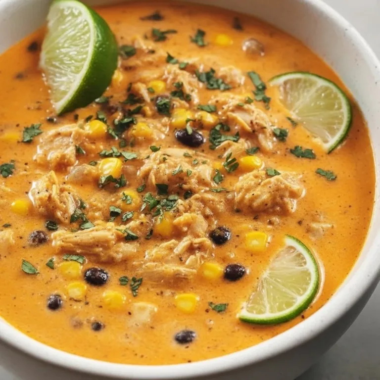 Delicious bowl of Chicken Poblano Soup garnished with cilantro and lime.