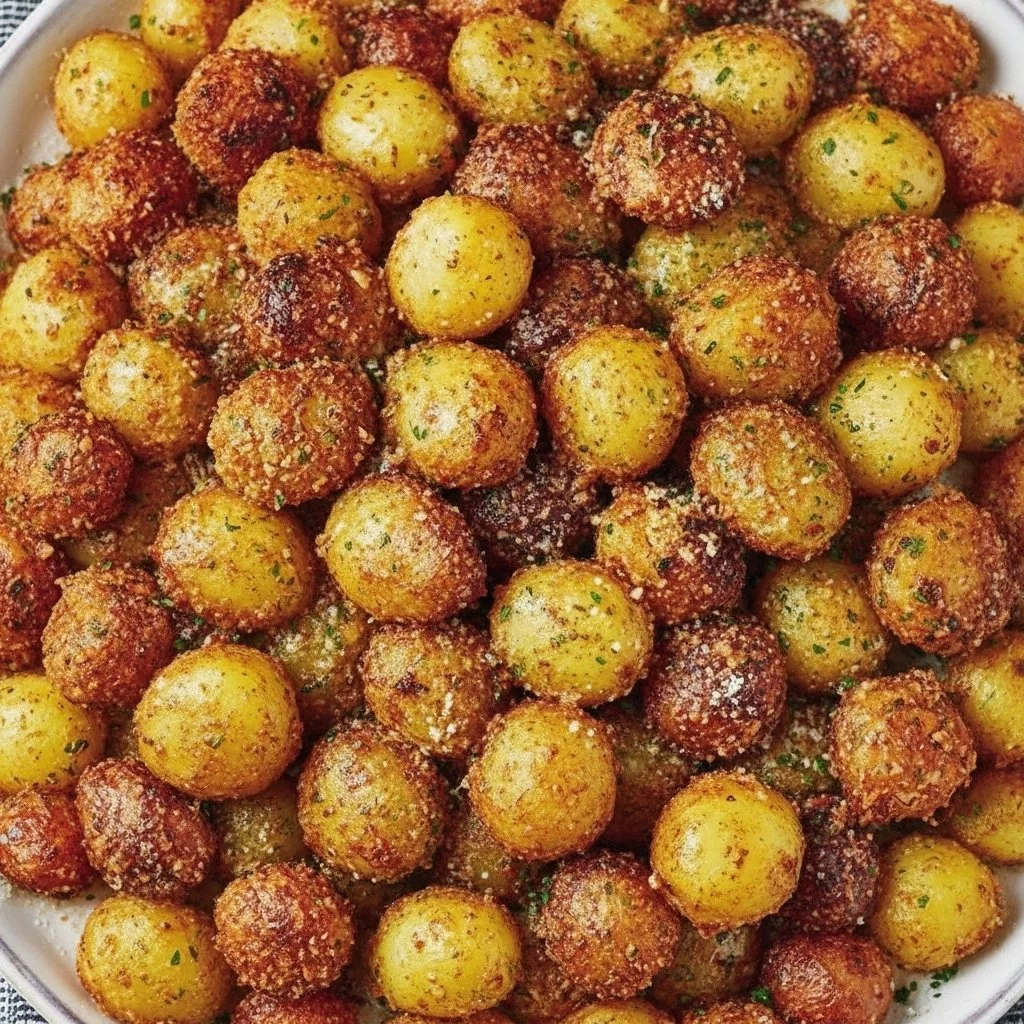 Crispy Parmesan Crusted Baby Potatoes served on a plate with herbs