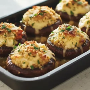 Plate of delicious restaurant-style stuffed mushrooms ready to be served