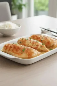 Delicious Garlic Chicken Parmesan served on a plate with fresh herbs.
