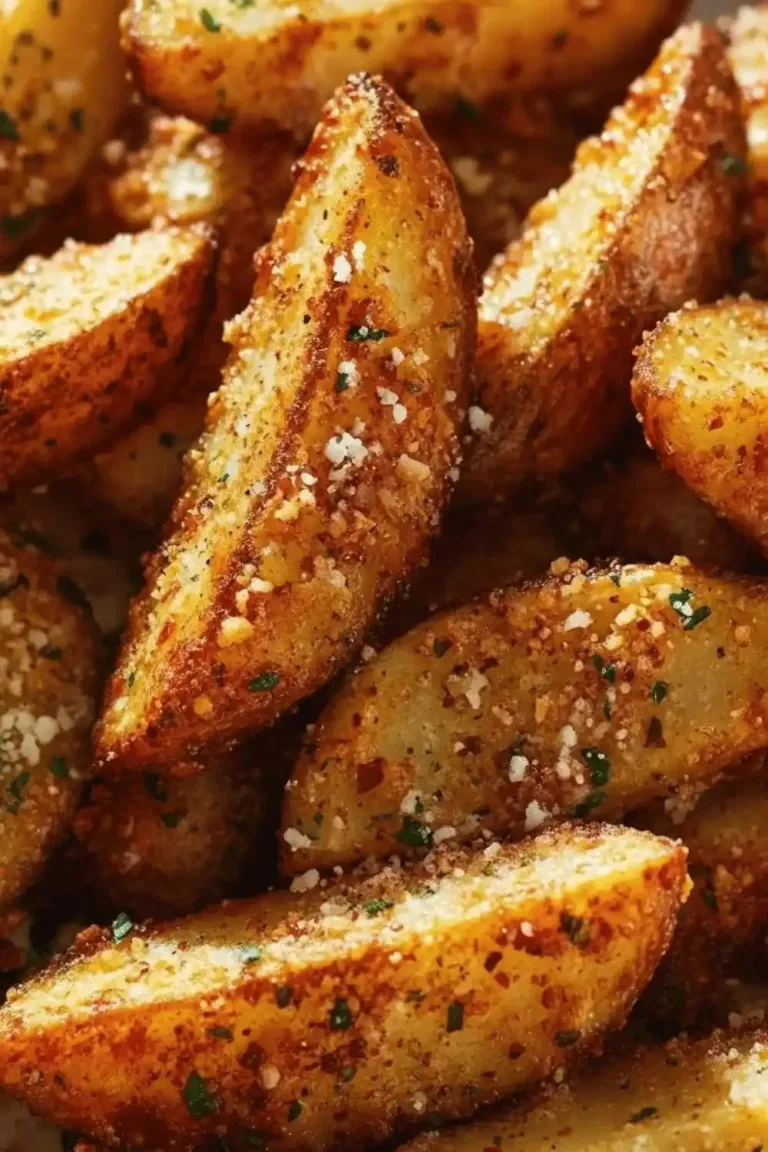 Crispy Garlic Parmesan Potato Wedges served on a plate, garnished with herbs.