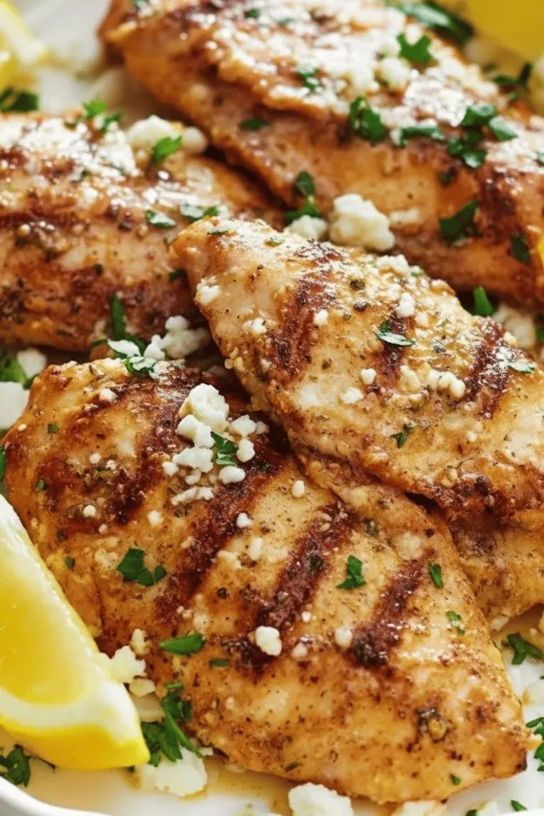 Plate of Greek-inspired chicken garnished with herbs and lemon slices