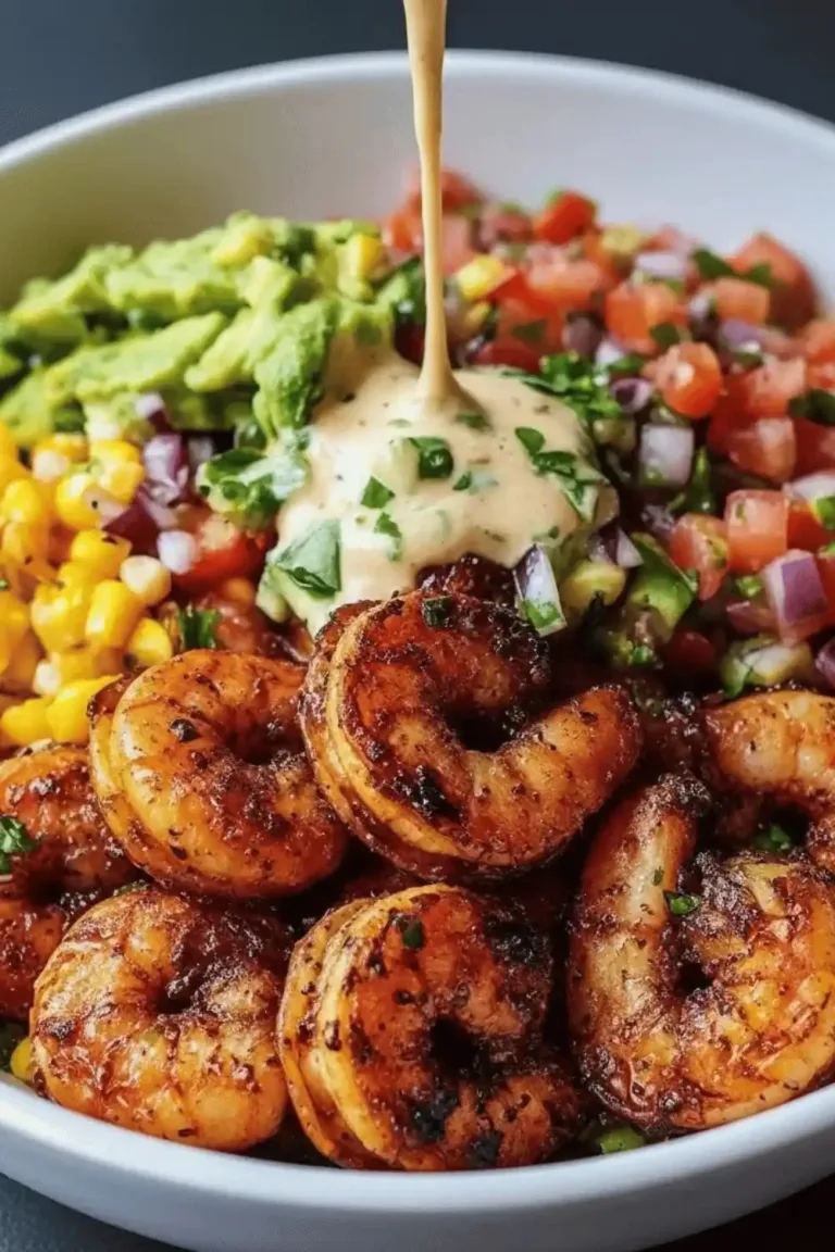 Grilled shrimp bowl featuring avocado, corn salsa, and creamy garlic sauce