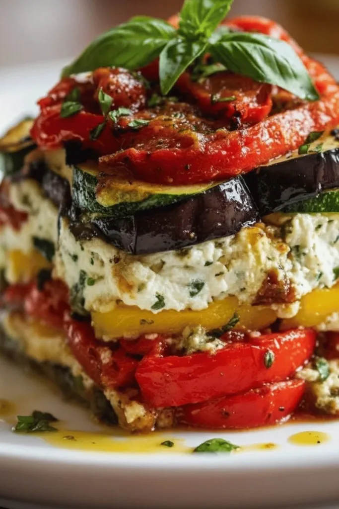 Layered Mediterranean vegetable lasagna with creamy ricotta and fresh vegetables