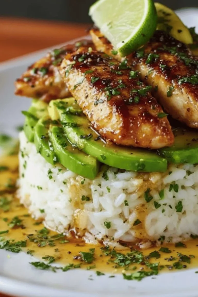 Delicious Honey Lime Chicken served with Avocado Rice stack.