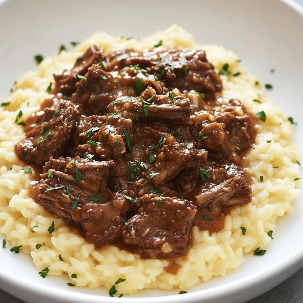 Slow-braised pot roast with tomato-basil sauce served on a rustic plate