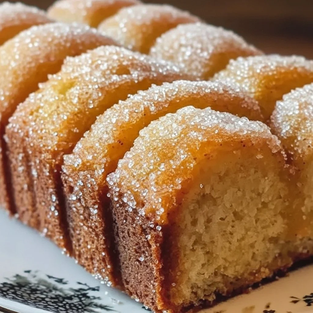Spiced apple cider donut loaf topped with cinnamon sugar on a wooden table.