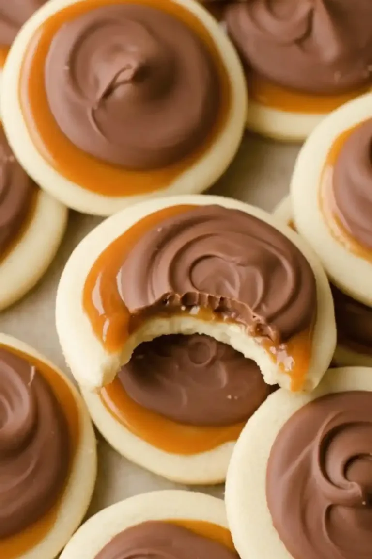 A plate of homemade Twix cookies with chocolate, caramel, and cookie layers.