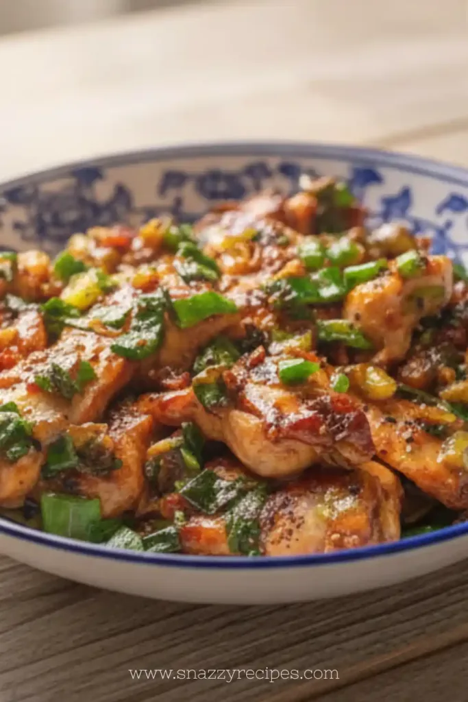 Delicious Chinese Scallion Chicken served on a plate with fresh scallions.