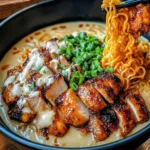 Spicy chicken ramen with creamy garlic sauce in a bowl