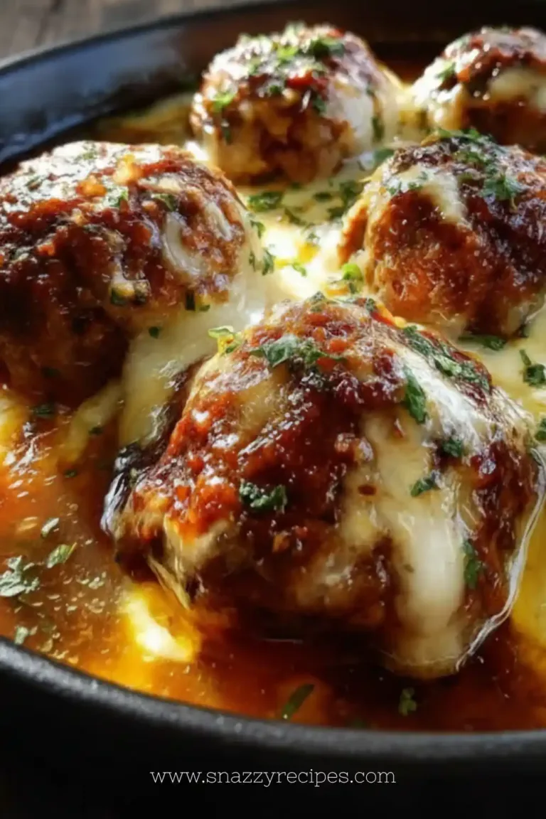 Delicious Crockpot French onion meatballs served in a savory broth.