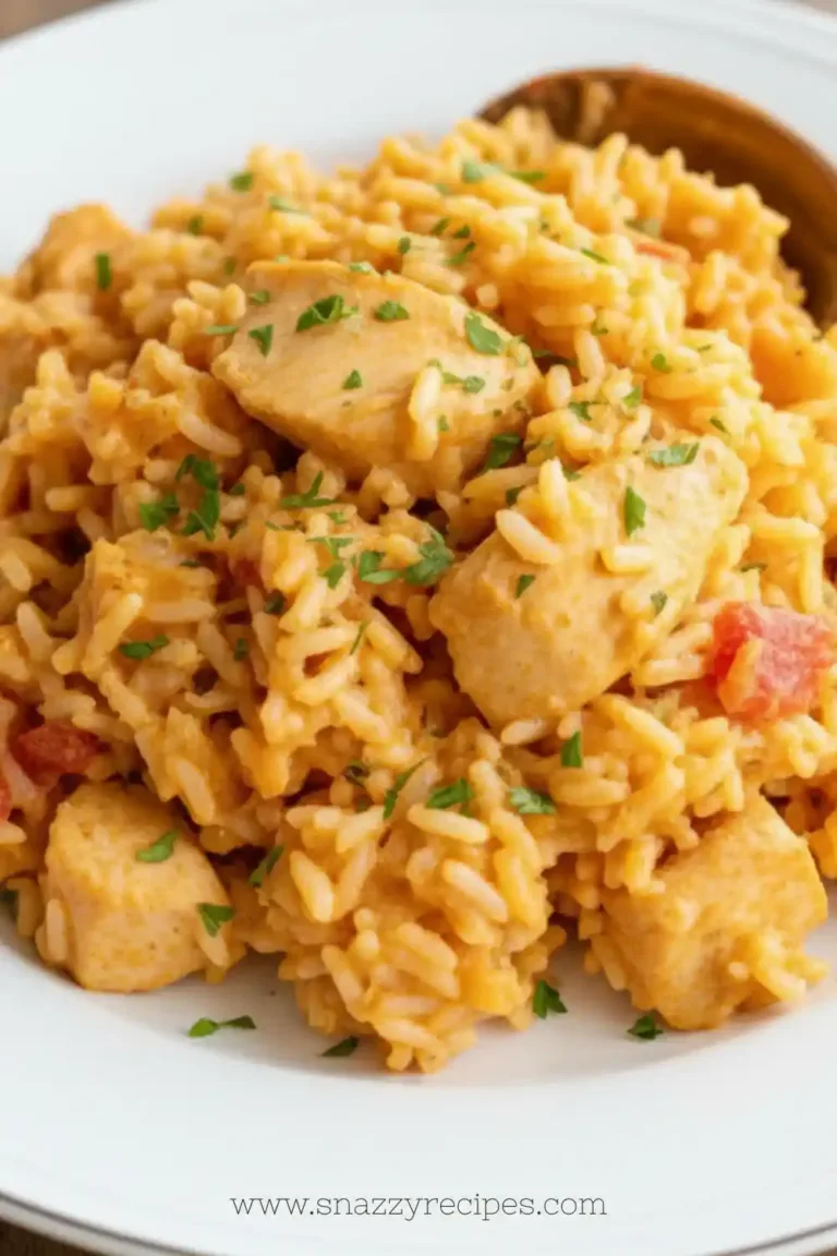 Delicious One Pot Queso Chicken and Rice dish with vibrant colors and flavors