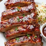 Oven baked barbecue ribs coated in rich, tangy sauce served on a platter.