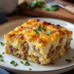 Delicious Sausage and Egg Casserole baked dish with herbs and cheese