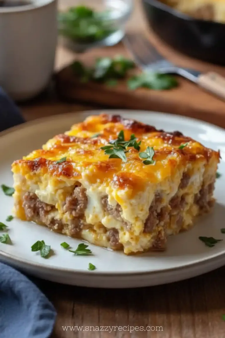 Delicious Sausage and Egg Casserole baked dish with herbs and cheese