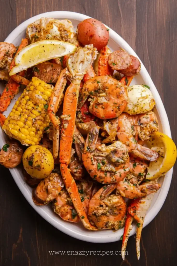 A vibrant seafood boil featuring shrimp, crab, corn, and potatoes