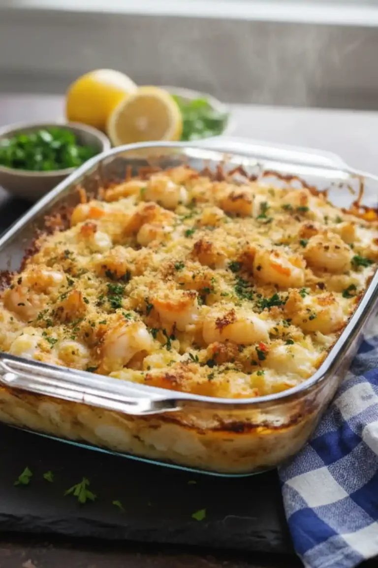 Delicious shrimp casserole served in a baking dish with cheese and herbs