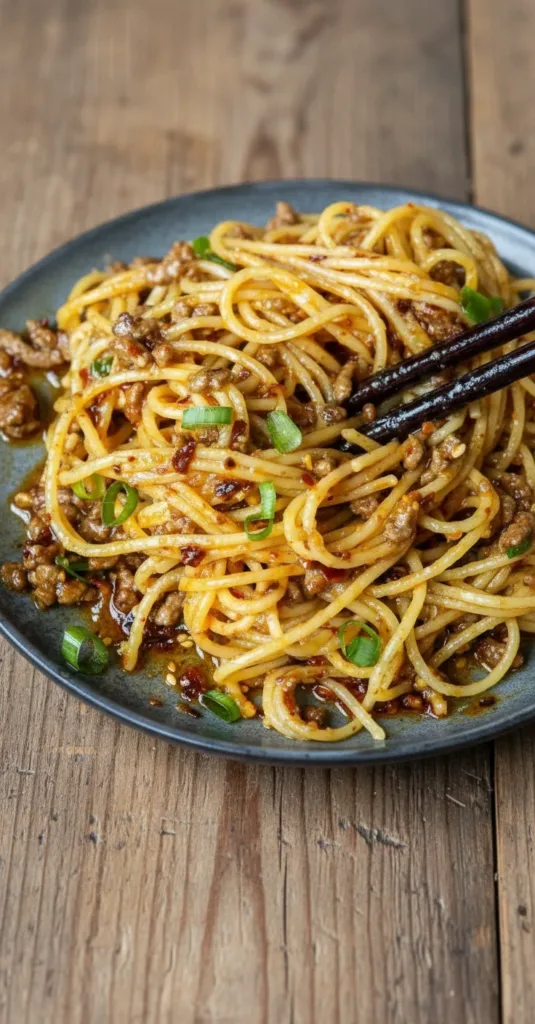 Asian-style Ground Beef Spaghetti served in a bowl with colorful vegetables