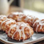 Baked apple fritters drizzled with glaze on a plate