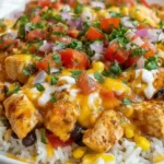 One-Pot Cheesy Southwest Chicken & Rice dish with creamy sauce and spices
