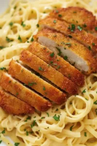 Delicious crispy chicken fettuccine alfredo served in a creamy sauce