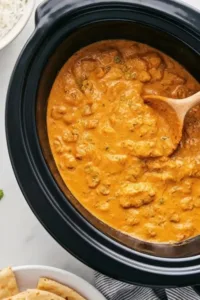 Delicious crockpot butter chicken simmering with spices and cream