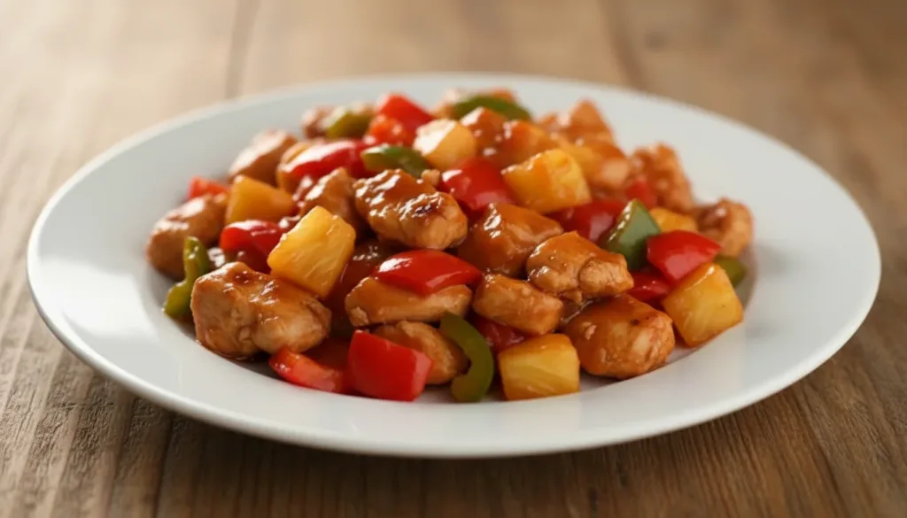 Delicious Crockpot Sweet and Sour Chicken served on a plate with rice and vegetables.