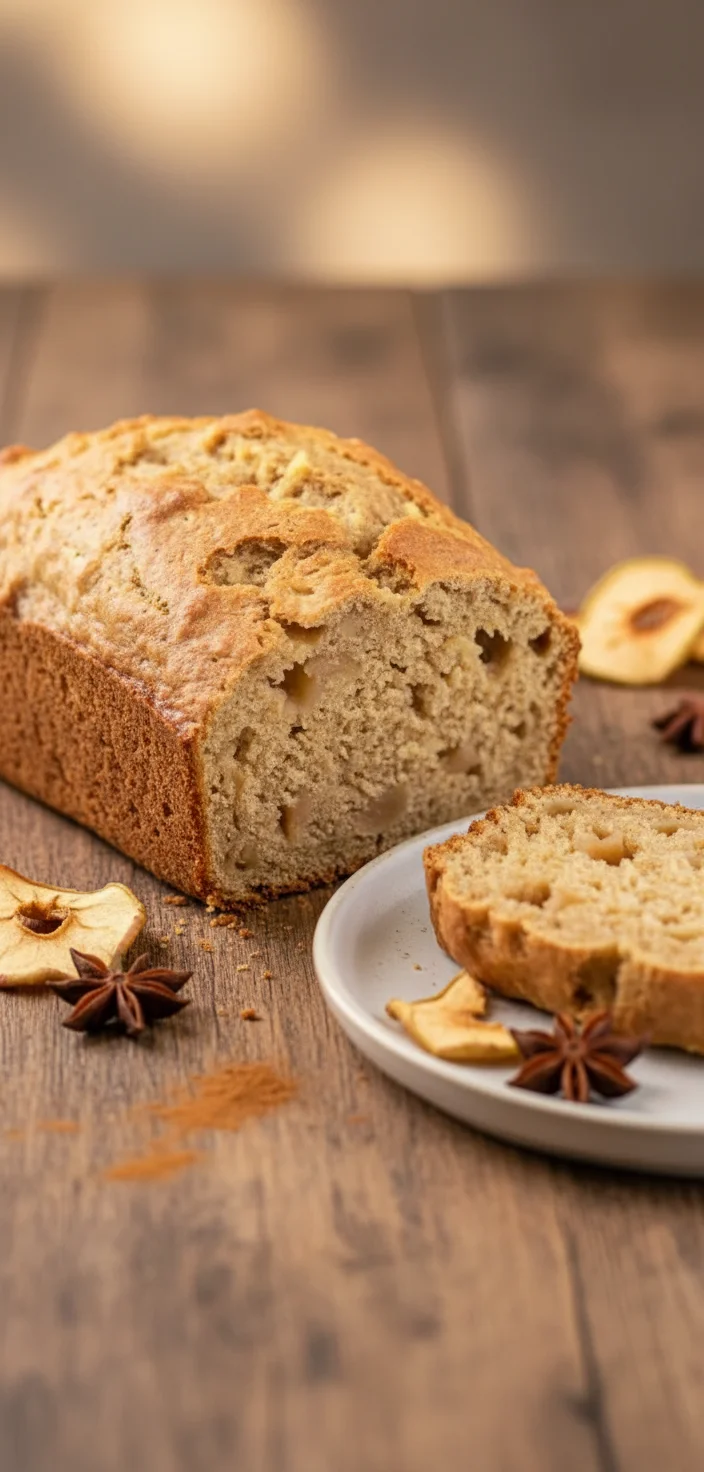 Freshly baked easy apple bread loaf on a wooden table.