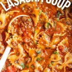 Delicious bowl of easy lasagna soup topped with cheese and herbs