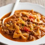 Delicious bowl of easy lasagna soup topped with cheese and herbs