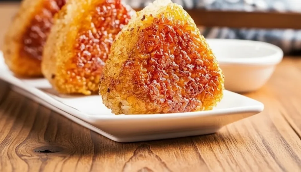 Delicious grilled rice balls garnished with herbs and served on a plate