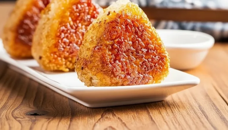 Delicious grilled rice balls garnished with herbs and served on a plate