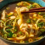 Bowl of flavorful Gyoza Soup with dumplings and vegetables
