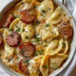 Delicious Crockpot Pierogi Casserole with Sausage served in a dish