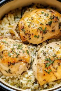 Slow Cooker Lemon Herb Chicken served with rice on a plate