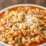 Bowl of the best Pasta Fagioli soup garnished with herbs
