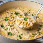 Bowl of delicious white chicken chili recipe garnished with herbs