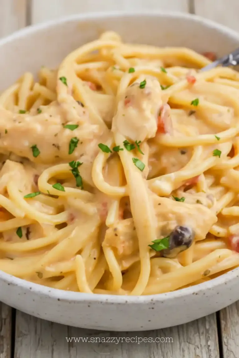 Crock Pot Cheesy Chicken Spaghetti with creamy sauce and pasta served in a bowl.