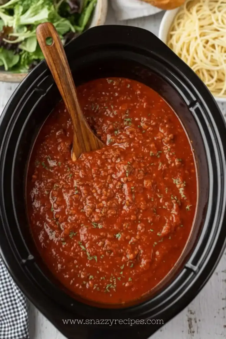 Crock Pot spaghetti sauce simmering in a slow cooker with fresh ingredients.