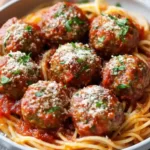 Plate of classic Italian meatballs garnished with parsley and served with tomato sauce.