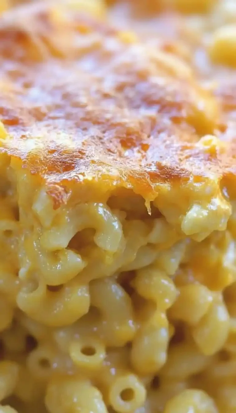 Delicious baked mac and cheese topped with golden breadcrumbs and melted cheese