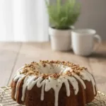 Delicious carrot bundt cake filled with creamy cheesecake, drizzled with icing.