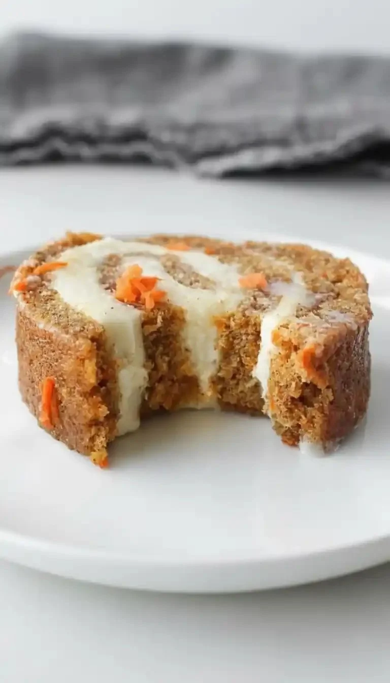 Carrot cake roll with cream cheese frosting filling on a rustic table